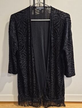 💙 Warehouse One - Black Velvet Burnout Open Cardigan with Fringe